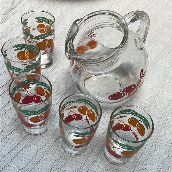 VTG 1950s Anchor Hocking 40oz Juice pitcher & five 4oz glasses orange tomato - Picture 3 of 11